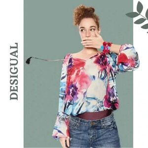 Desigual Zazil Blouse Pink Blue Oversize Floral Top Balloon Sleeve Tassel Medium